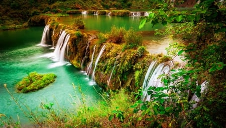 Forest waterfall - calm, greenery, falling, trees, cascades, beautiful, grass, forest, fall, nature, waterfall, view, serenity, emerald