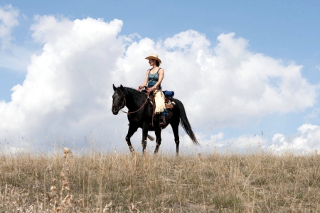 Through the Prairie - clouds, nature, girl, riding, horse