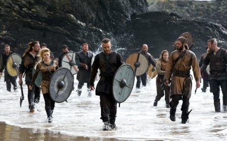 Vikings (2013– ) - actor, warrior, men, people, ragnar, tv series, Katheryn Winnick, actress, travis fimmel, history, woman, shield, lagertha, vikings