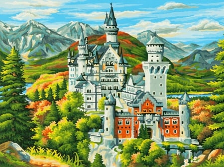 Neuschwanstein - sky, mountain, trees, neuschwanstein, majestic, peaks, painting, art, gorgeous, amazing, bavaria, castle, beautiful, germany