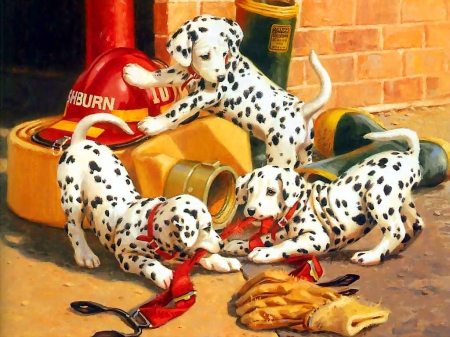 Playing puppies - dalmations, wide screen, joy, animals, colorful, pets, illustration, suspenders, painting, art, pretty, artwork, dogs, dalmatines, funny, firehat, dods, play, beautiful, animal, glove, canine, friends, puppies