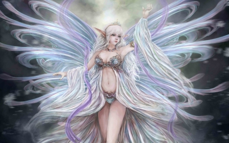 Fairy - pink, elf, girl, art, wings, white, fantasy, fairy, woman