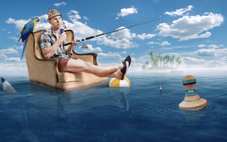 Fishing in a summer day - hat, bird, water, summer, fisherman, blue, sea, island, parrot, photomanipulation, man, armchair, funny, cloud, fish, sky