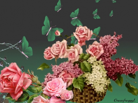 ROSES AND LILACS - creation, lilacs, roses, pink