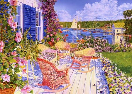 âœ¼Maxcy's View of the Coveâœ¼ - love four seasons, transpotation, seasons, drawings, cove, chairs, nature, paintings, flowers, spring, sailboats, digital art, nautical, gardening, home, houses, creative pre-made