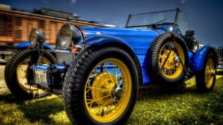 fantastic vintage bugatti roadster hdr - car, vintage, lawn, roadster, blue, hdr