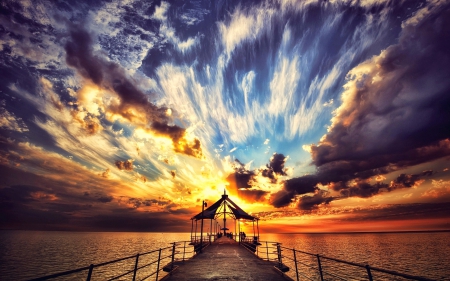 Sunset - clouds, sea, sunset, pier