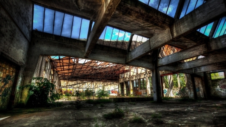 abandoned derelict building hdr - windows, building, weeds, graffiti, hdr, abandoned