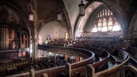 beautiful old derelict church hdr - windows, hdr, benches, balcony, interior, church