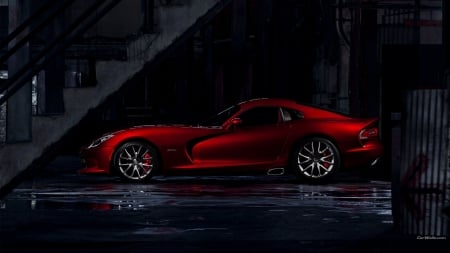 a mysterious red dodge viper - building, dark, car, red, wet