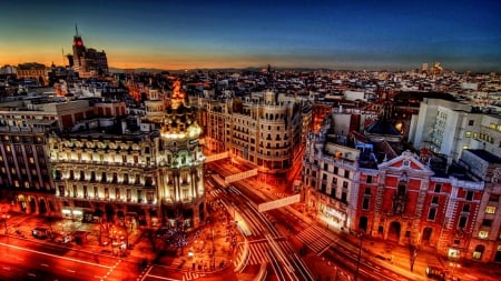 madrid at twilight - city, lights, twilight, streets