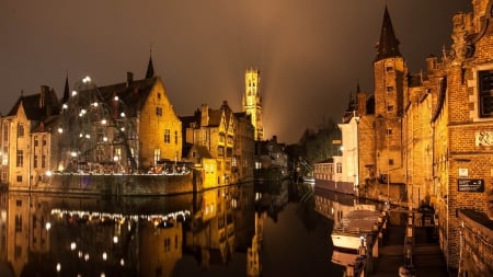 water like glass in a canal in bruges belgium - mirror, tower, lights, canal, city, night, church