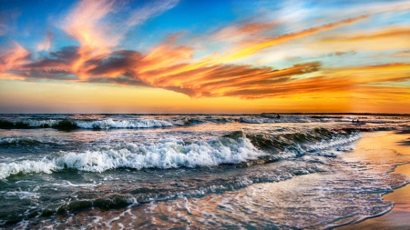 Colorful Sunset - clouds, yellow, blue, beach, sea, Albania, waves, dusk, sky