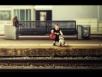 Girl, teddy bear and cat