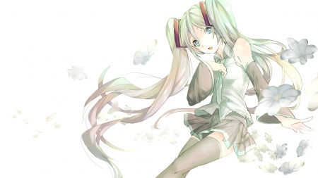 Who Me? - tie, flowers, vocaloid, anime, skirt, ponytails, hatsune miku, long hair