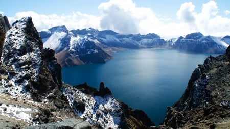 Heaven Lake - clouds, China, North Korea, water, snowy peaks, crater lake, caldera, mountains