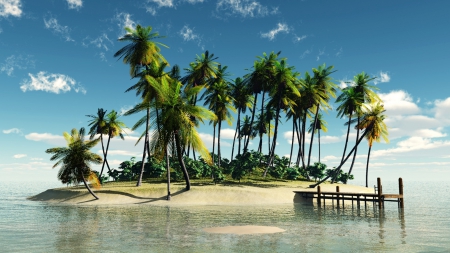 Fantastic Isle - trees, paradisiac, palms, beach, sea, wood pier, uninhabited