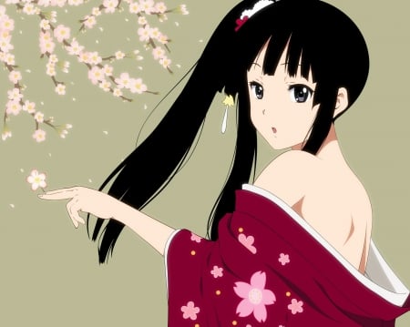 Cherry Blossom - mio, famela, flower, plain, beautiful, anime girl, girl, oriental, mfemale, cherry blossom, elegant, mio akiyama, simple, pretty, kawaii, beauty, sweet, sakura, anime, hd, sakura blossom, kon, k-on, long hair, petals, nice, lovely, black hair, akiyama mio, akiyama