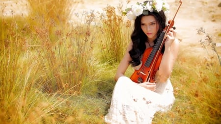 Love Music - bride, summer, violin, girl, beauty, lovely, white dress, field, asian