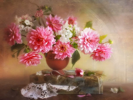 Pink evening in a gift - gift, delicate, still life, vase, painting, art, pretty, evening, pink, petals, beautiful, leaves, flowers, lvoely, harmony