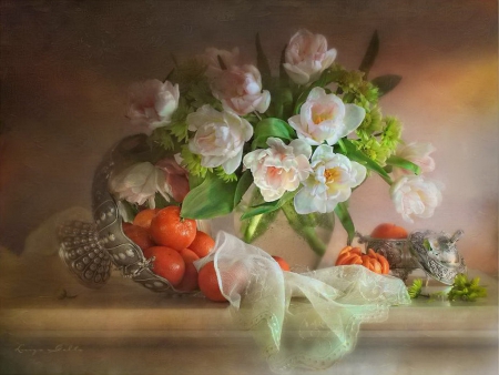 Still life with tangerines - nice, veil, fresh, fruits, lovely, still life, spring, vase, painting, art, pretty, beautiful, leaves, orange, flowers, tangerine