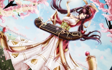 Sona - flower, pink, instrument, spring, sona, girl, blue, cherry blossom, fantasy, music, league of legends, woman