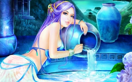 Aquarius - pot, water, girl, flower, aquarius, fantasy, woman blue, purple, green, zodiac