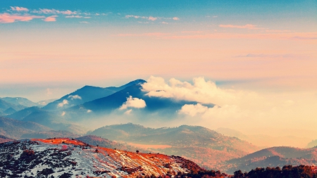 beautiful mountainscape at sunrise - clouds, hills, fog, sunrise, mountains