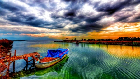 lovely boat docked in a harbor hdr - clouds, boat, hdr, harbor, dock