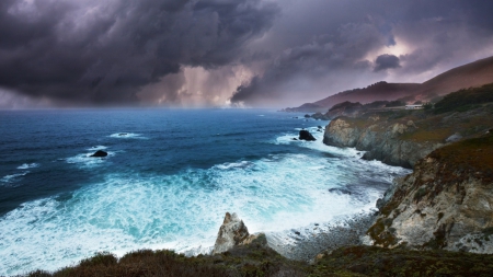 storm clouds over a rugged seacoast - surf, storm, rocks, clouds, coast, sea, waves