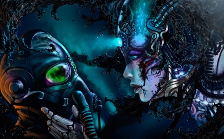 Fantasy girl - blue, gas, girl, pink, robot, fantasy, mask, green, woman, cyborg