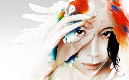 Portrait - feathers, bird, face, white, art, boy, man, portrait, parrot, blue, anime, orange, manga, guy