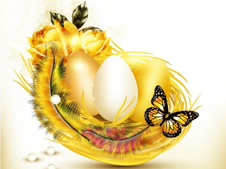 Easter Greetings - feather, butterfly, artwork, festive, eggs