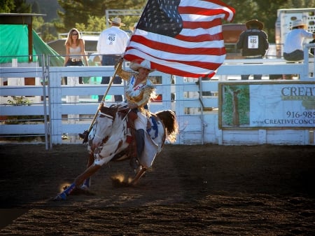 American Rodeo Cowgirl - women, sports, fun, female, fashion, western, girls, cowgirls, style, rodeo, horses, ranch, america, flag