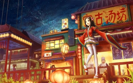 Asian City - scenery, orginal, girl, city, night, lantern, oriental, japan, asia