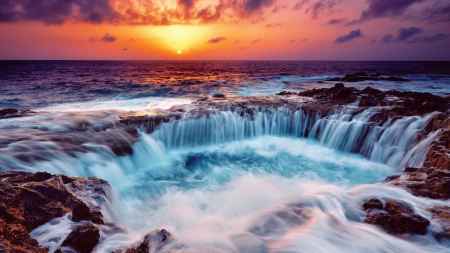 gorgeous falls in a rocky seashore at sunset hdr - shore, surf, sunset, falls, hdr, sea, rocks