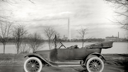 vintage grayscale scene of a car in washington dc   - grayscale, car, vintage, river, monument