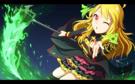 Chu! - pretty, anime, magic, female, night, magical, long hair, stars, uniform, weapon, nice, sky, weapion, scythe, anime girl, skirt, beautiful, blonde hair, beauty, sweet, red eyes, lights, cute, fanatsy