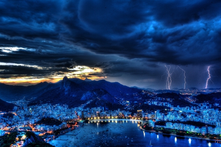 The Storm - ocean, sky, boats, rio de janeiro, sunset, brazil, poet, storm, nature, clouds, blue, marina, splendor, lightning, sea