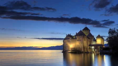 Chillon Castle - Switzerland - water, blue, travel, architecture, castles, old, Switzerland, Chillon Castle, castle, sky