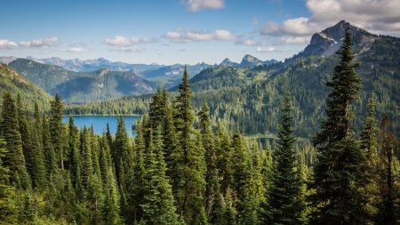 spectacular nature landscape - lake, mountain, forests, clouds