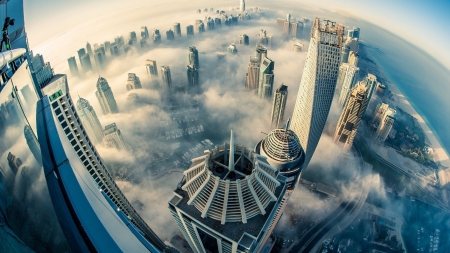 spectacular view of dubai skyline in fog - city, skyscrapers, fog, view