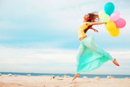 Happy Day - beach, beautiful, photography, girl, sea, happy, woman, balloons, sky