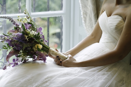 Just Beautiful - beauty, wedding, photography, bouquet, bride, purple, window, beautiful, flowers, flower