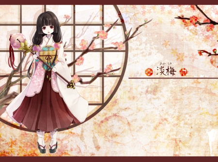 Beautiful Anime Girl - branches, girl, long hair, bell, black hair, pretty, anime, flowers, japanese clothes