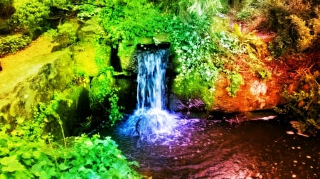 colourfull waterfall , taken in London - stream, water, waterfall, spring, purple, fall, green, orange, pond, rainbow, park, nature, colour, wild, red, blue, leaves, colourful