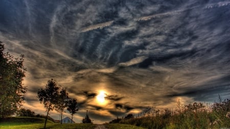 dark clouds at sundown hdr - trees, sundown, dark, clouds, field, house, hdr