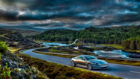 aston martin on a gorgeous road hdr - lakes, forest, mountains, car, road, clouds, hdr