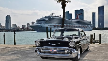 classic black chevrolet on miami waterfront - car, classic, cruise ship, waterfront, black