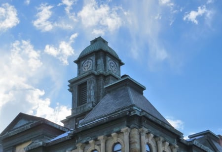 The Clock Tower Against Blue - millersburg, clock, ohio, time, tower, sky, architecture, building, clouds